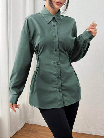 Mulvari Women Solid Color Button Front Long Sleeve Casual Shirt