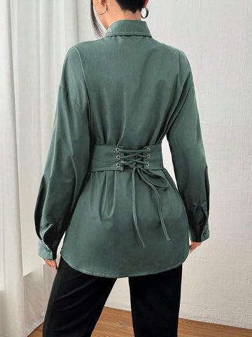 Mulvari Women Solid Color Button Front Long Sleeve Casual Shirt