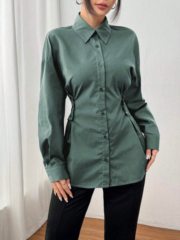 Mulvari Women Solid Color Button Front Long Sleeve Casual Shirt