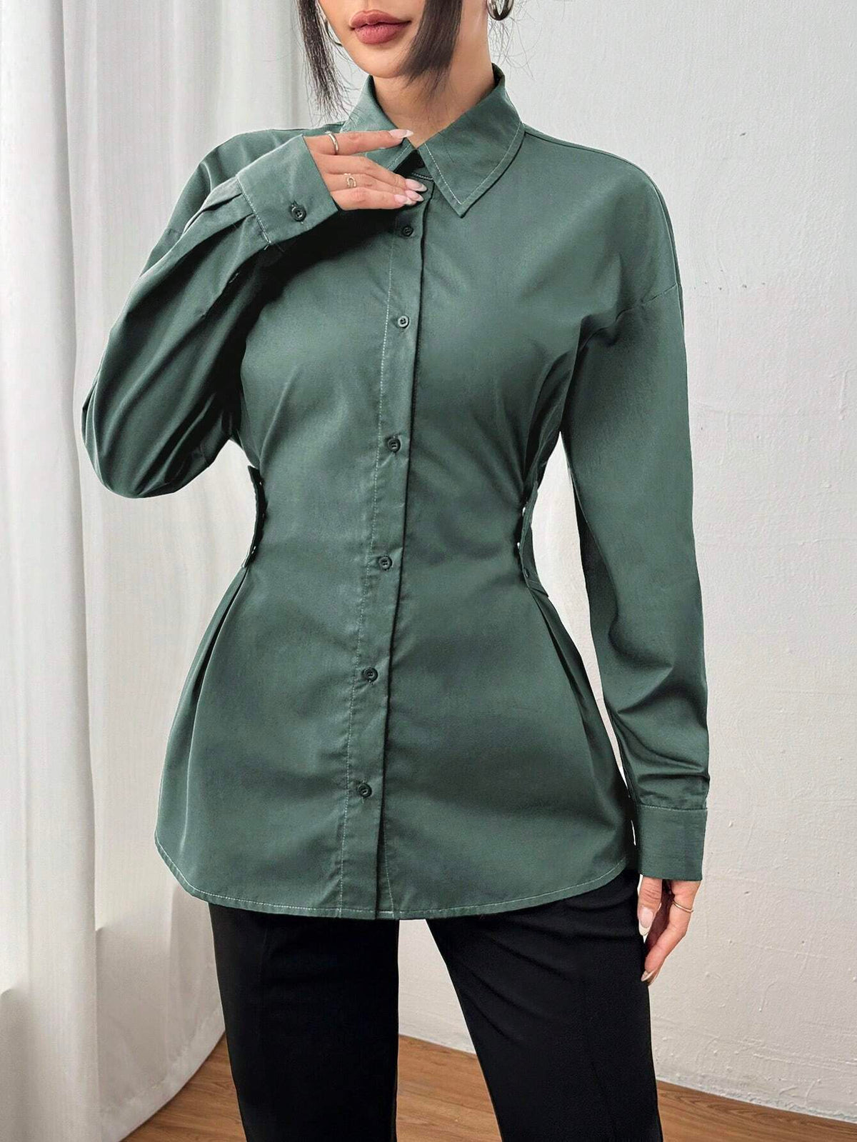 Mulvari Women Solid Color Button Front Long Sleeve Casual Shirt