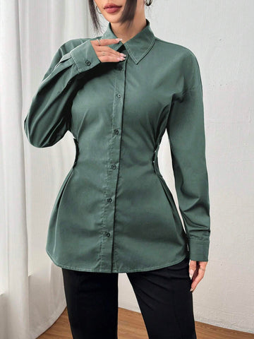 Mulvari Women Solid Color Button Front Long Sleeve Casual Shirt