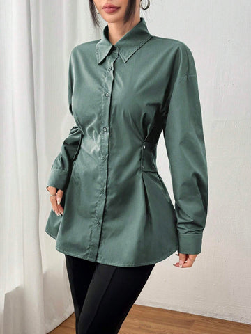 Mulvari Women Solid Color Button Front Long Sleeve Casual Shirt