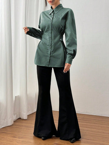 Mulvari Women Solid Color Button Front Long Sleeve Casual Shirt