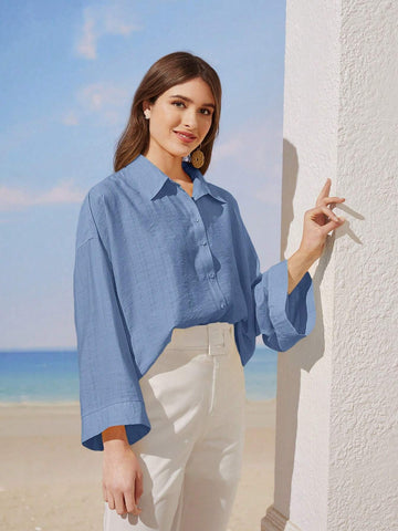 Mulvari Women Solid Color Drop Shoulder Long Sleeve Single Breasted Casual Loose Shirt, Autumn