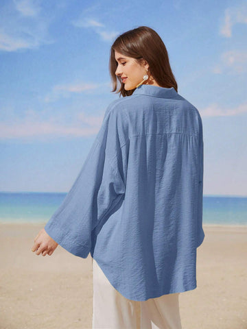 Mulvari Women Solid Color Drop Shoulder Long Sleeve Single Breasted Casual Loose Shirt, Autumn