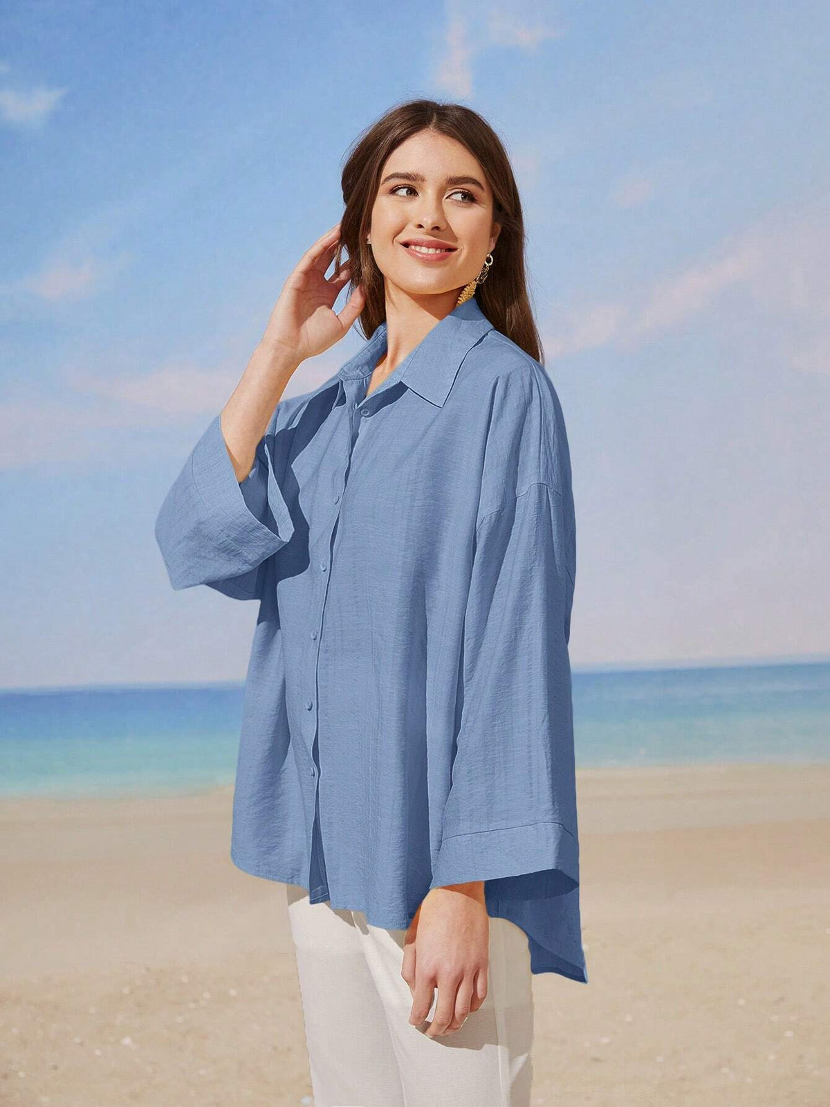 Mulvari Women Solid Color Drop Shoulder Long Sleeve Single Breasted Casual Loose Shirt, Autumn