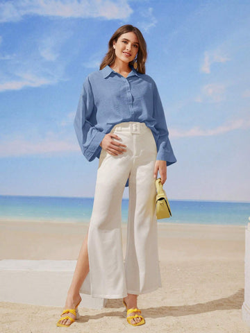 Mulvari Women Solid Color Drop Shoulder Long Sleeve Single Breasted Casual Loose Shirt, Autumn