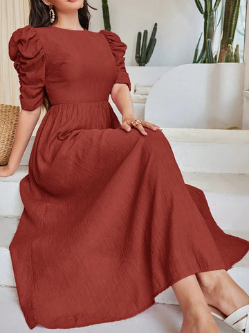 Women Solid Color Round Neck Elegant Short Sleeve Dress