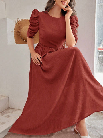 Women Solid Color Round Neck Elegant Short Sleeve Dress