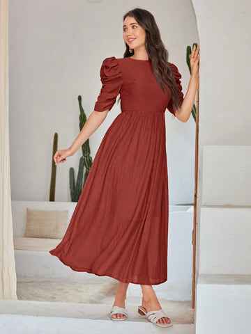 Women Solid Color Round Neck Elegant Short Sleeve Dress