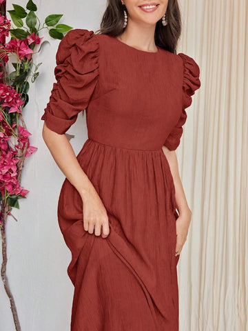 Women Solid Color Round Neck Elegant Short Sleeve Dress