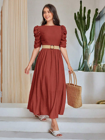 Women Solid Color Round Neck Elegant Short Sleeve Dress