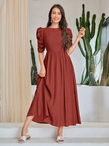 Women Solid Color Round Neck Elegant Short Sleeve Dress