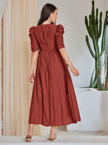 Women Solid Color Round Neck Elegant Short Sleeve Dress