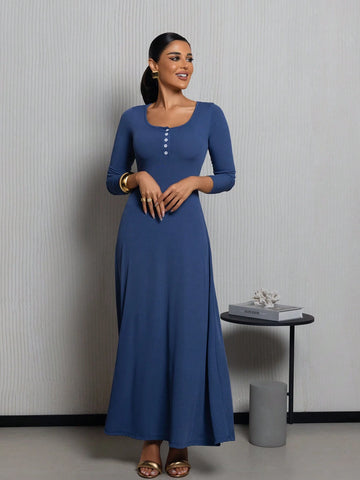 Women Solid Color Round Neck Long Sleeve Spring/Summer Dress