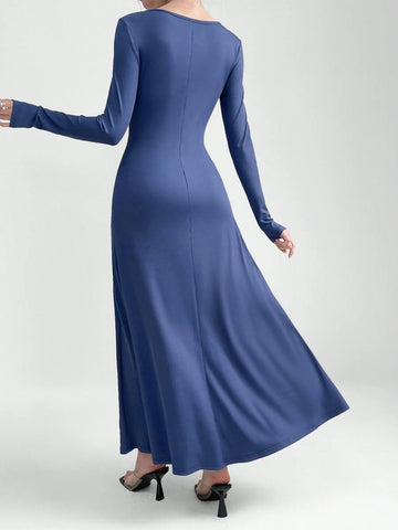 Women Solid Color Round Neck Long Sleeve Spring/Summer Dress