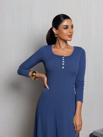 Women Solid Color Round Neck Long Sleeve Spring/Summer Dress