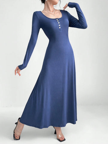 Women Solid Color Round Neck Long Sleeve Spring/Summer Dress