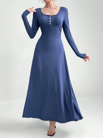Women Solid Color Round Neck Long Sleeve Spring/Summer Dress