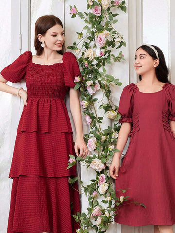 Women Spring Summer Holiday Casual Plaid V-Neck Bubble Sleeve Long Dress