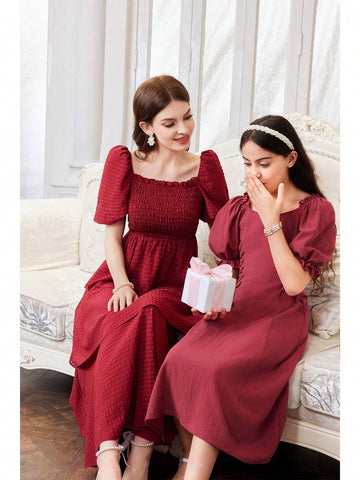 Women Spring Summer Holiday Casual Plaid V-Neck Bubble Sleeve Long Dress