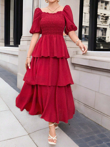 Women Spring Summer Holiday Casual Plaid V-Neck Bubble Sleeve Long Dress
