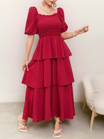 Women Spring Summer Holiday Casual Plaid V-Neck Bubble Sleeve Long Dress