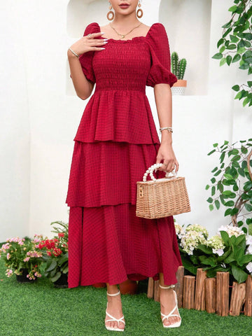 Women Spring Summer Holiday Casual Plaid V-Neck Bubble Sleeve Long Dress