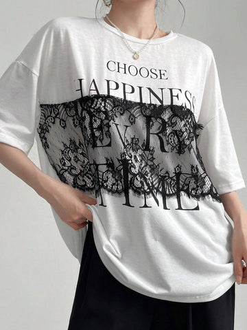 Mulvari Women Summer Casual Loose Fit Drop Shoulder Short Sleeve T-Shirt With Lace Patchwork, Color Block, Letter Print