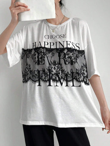 Mulvari Women Summer Casual Loose Fit Drop Shoulder Short Sleeve T-Shirt With Lace Patchwork, Color Block, Letter Print