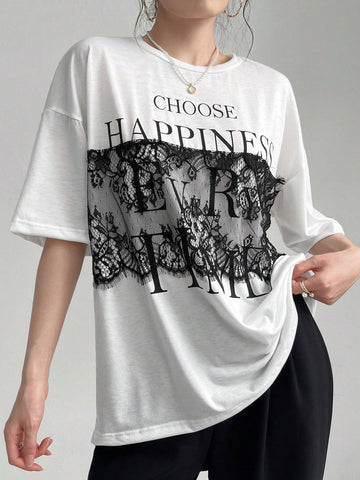 Mulvari Women Summer Casual Loose Fit Drop Shoulder Short Sleeve T-Shirt With Lace Patchwork, Color Block, Letter Print