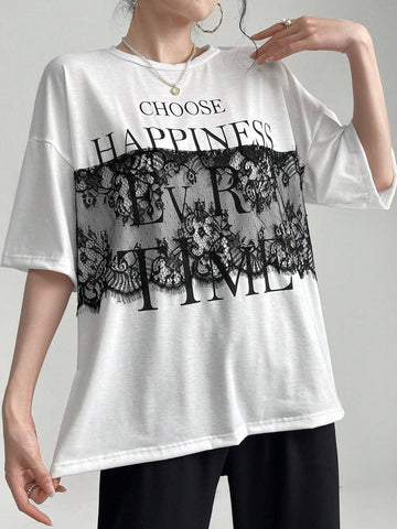 Mulvari Women Summer Casual Loose Fit Drop Shoulder Short Sleeve T-Shirt With Lace Patchwork, Color Block, Letter Print