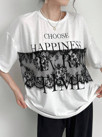 Mulvari Women Summer Casual Loose Fit Drop Shoulder Short Sleeve T-Shirt With Lace Patchwork, Color Block, Letter Print