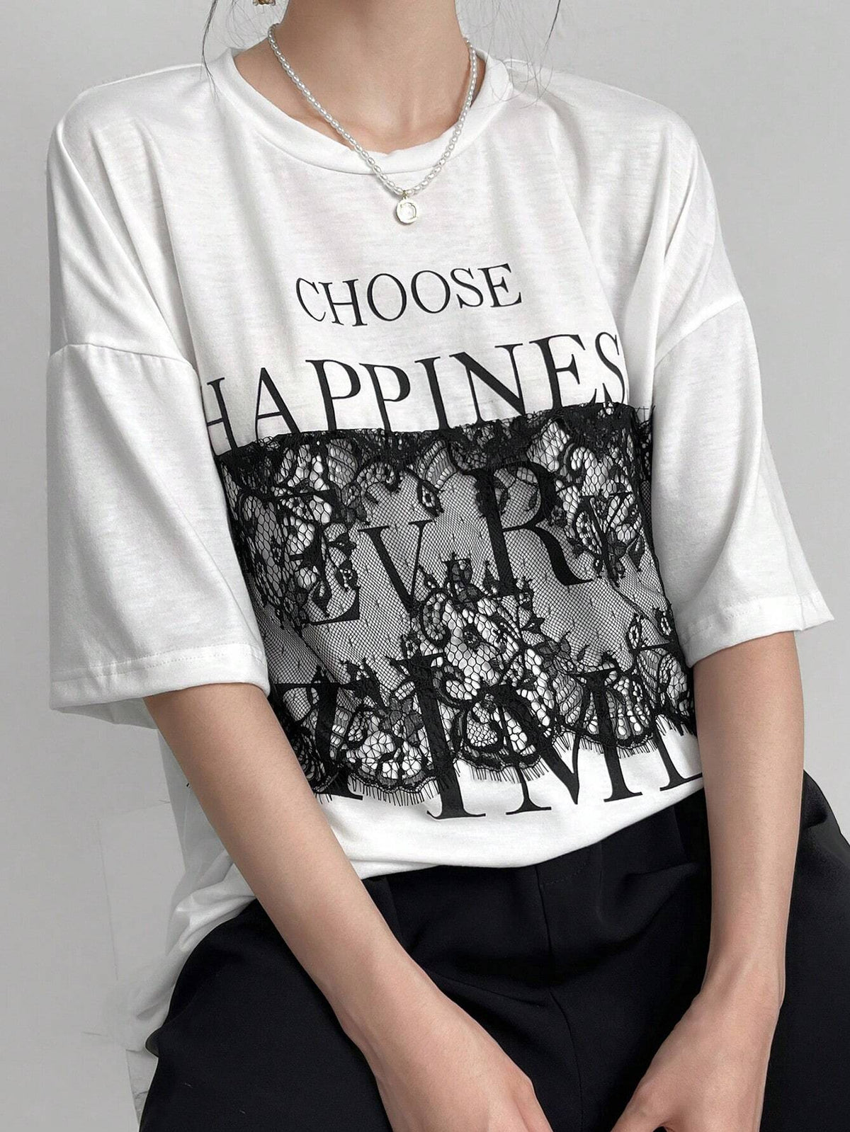 Mulvari Women Summer Casual Loose Fit Drop Shoulder Short Sleeve T-Shirt With Lace Patchwork, Color Block, Letter Print