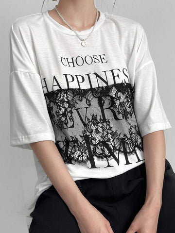 Mulvari Women Summer Casual Loose Fit Drop Shoulder Short Sleeve T-Shirt With Lace Patchwork, Color Block, Letter Print