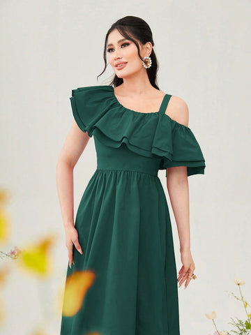 Women's Asymmetric Shoulder Detail Bodycon Dress With Belted Waist