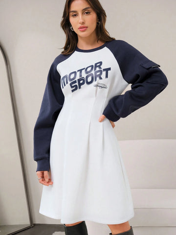 Women's Autumn Letter Print Colorblock Raglan Sleeve Casual Short Dress