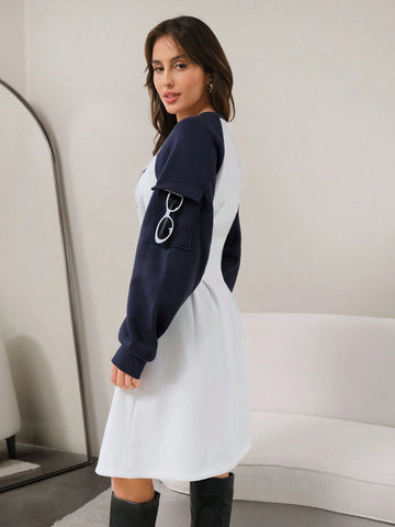 Women's Autumn Letter Print Colorblock Raglan Sleeve Casual Short Dress