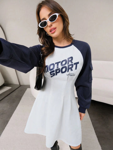 Women's Autumn Letter Print Colorblock Raglan Sleeve Casual Short Dress