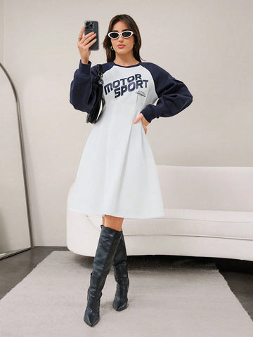Women's Autumn Letter Print Colorblock Raglan Sleeve Casual Short Dress