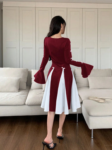 Women's Autumn Round Neck Bow Decor Flare Sleeve Color-Block Elegant Mini Dress