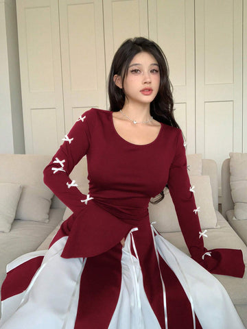 Women's Autumn Round Neck Bow Decor Flare Sleeve Color-Block Elegant Mini Dress