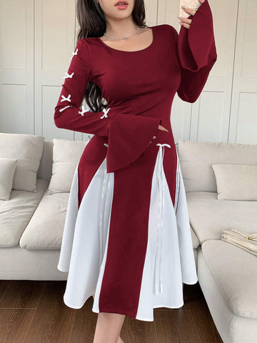 Women's Autumn Round Neck Bow Decor Flare Sleeve Color-Block Elegant Mini Dress