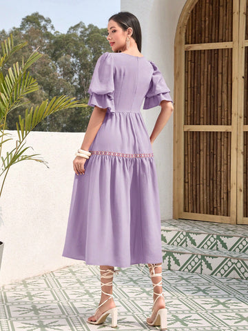 Women's Bubble Sleeve Dress With Ruffle Hem