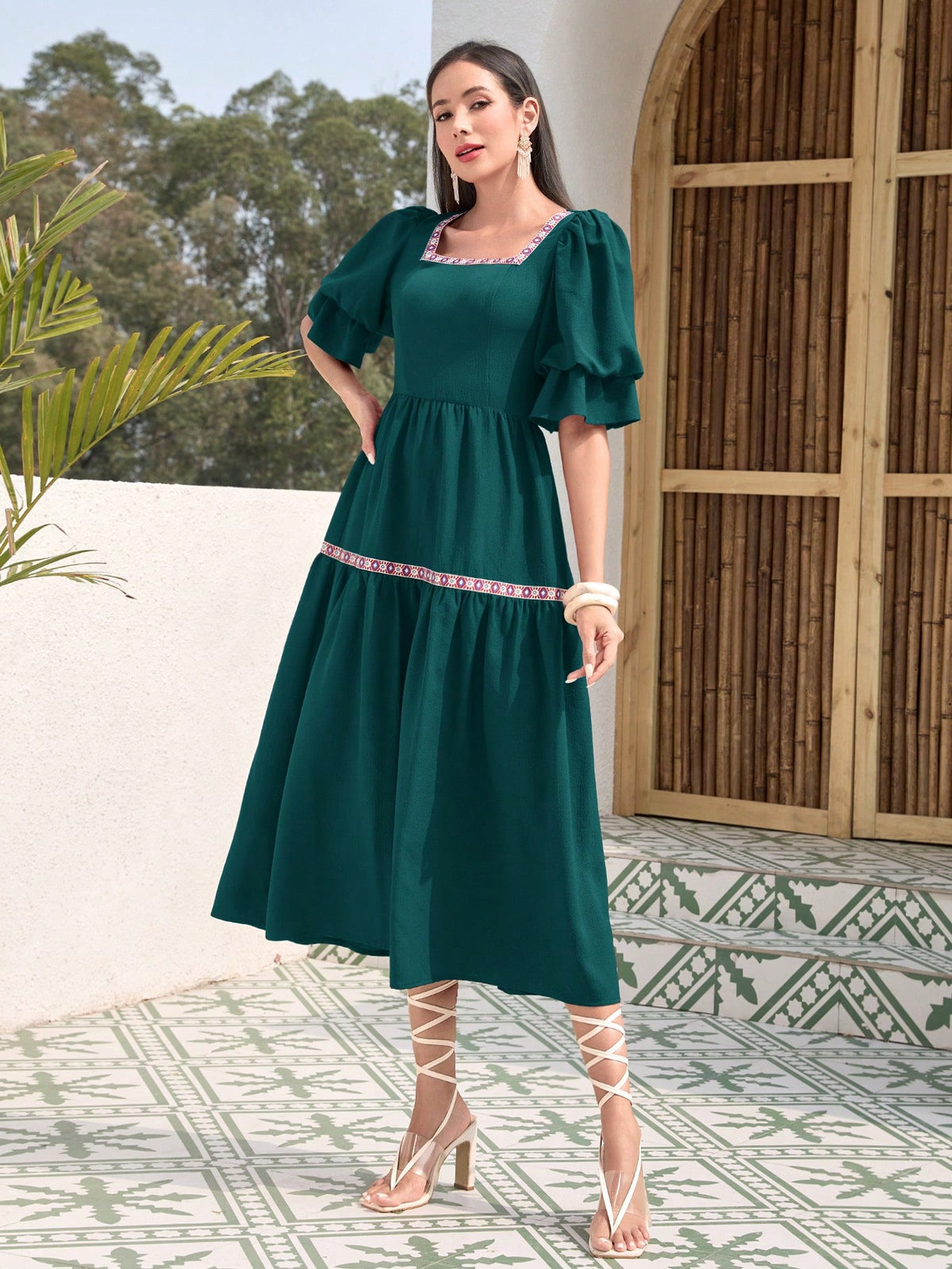 Women's Bubble Sleeve & Ruffled Hem A-Line Dress