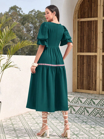 Women's Bubble Sleeve & Ruffled Hem A-Line Dress