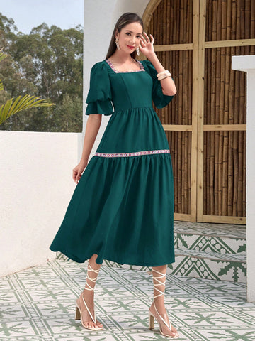 Women's Bubble Sleeve & Ruffled Hem A-Line Dress