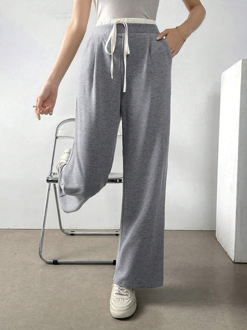 Mulvari Women's Casual Color Block High Waist Straight Leg Pants