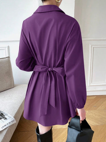 Mulvari Women's Casual Solid Color Long Sleeve Tie-Waist Shirt, Spring/Summer/Fall