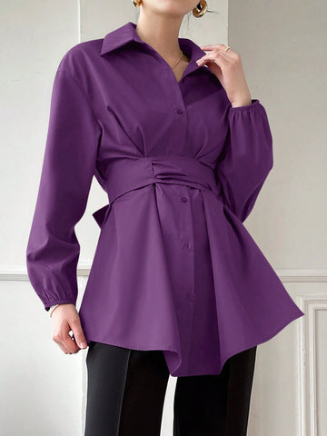 Mulvari Women's Casual Solid Color Long Sleeve Tie-Waist Shirt, Spring/Summer/Fall